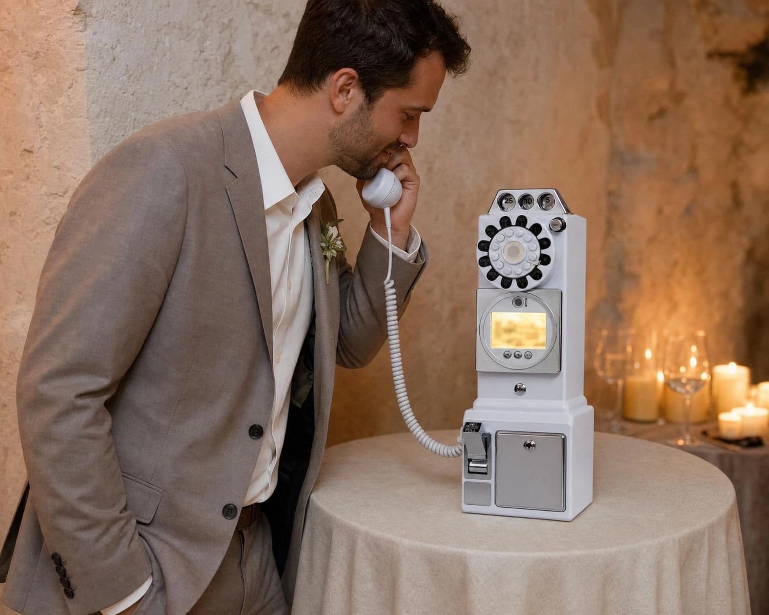 Invités laissant un message sur un téléphone livre d'or audio lors d'un mariage à Lyon