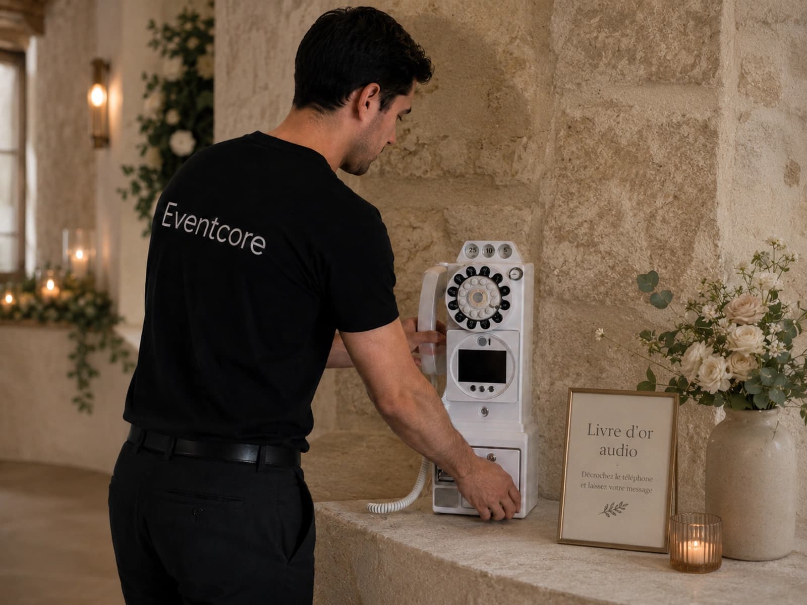 Location livre d'or audio et vidéo à Lyon — invités laissant un message sur le téléphone Eventcore